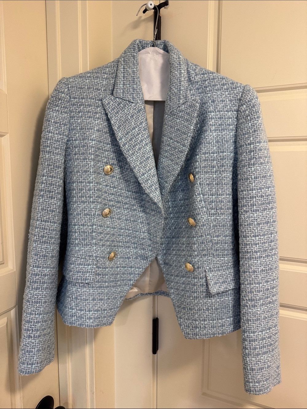 Zara Women's Light Blue Tweed Double-Breasted Blazer Jacket